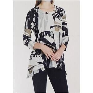 Premise Black White Geo Print Lightweight Sweater Sz L Asymmetric Hem Lagenlook
